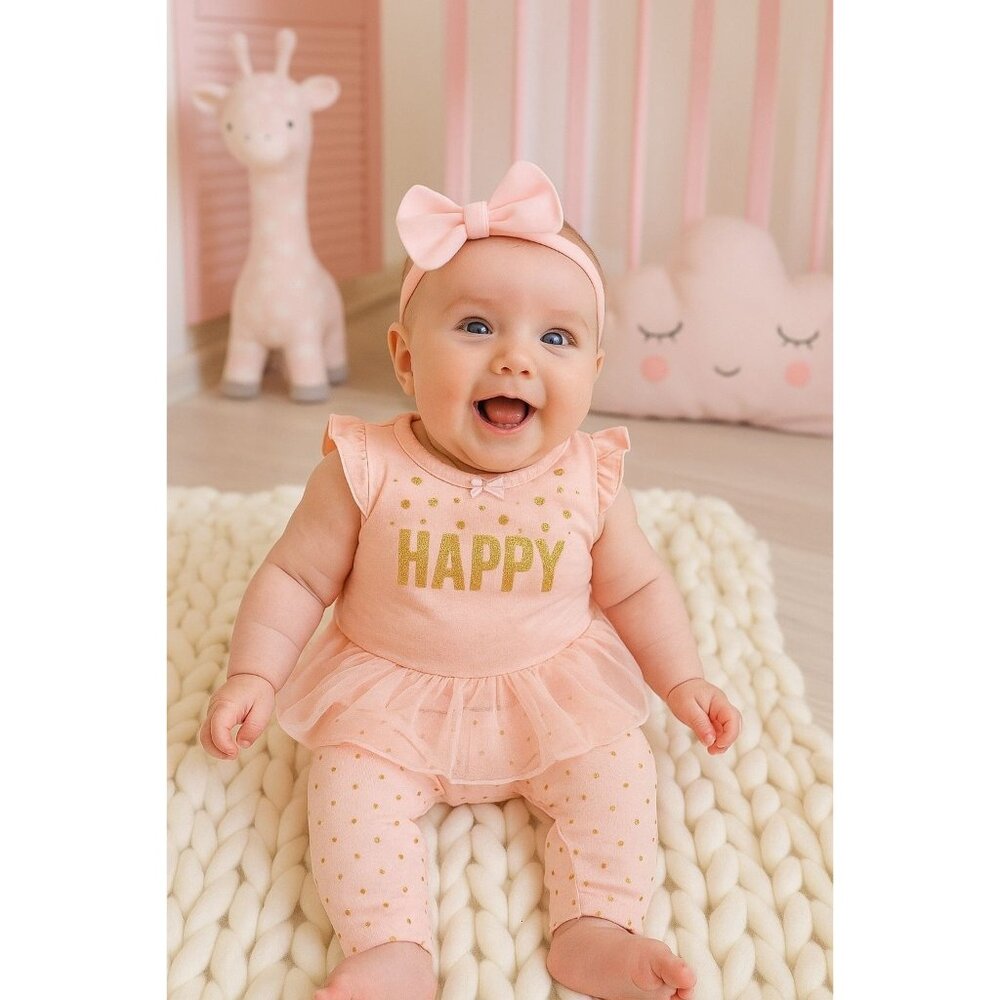 New 3M Carters Baby Girl's Happy Gold Bodysuit Outfit Tutu Polka-dot Pants Set